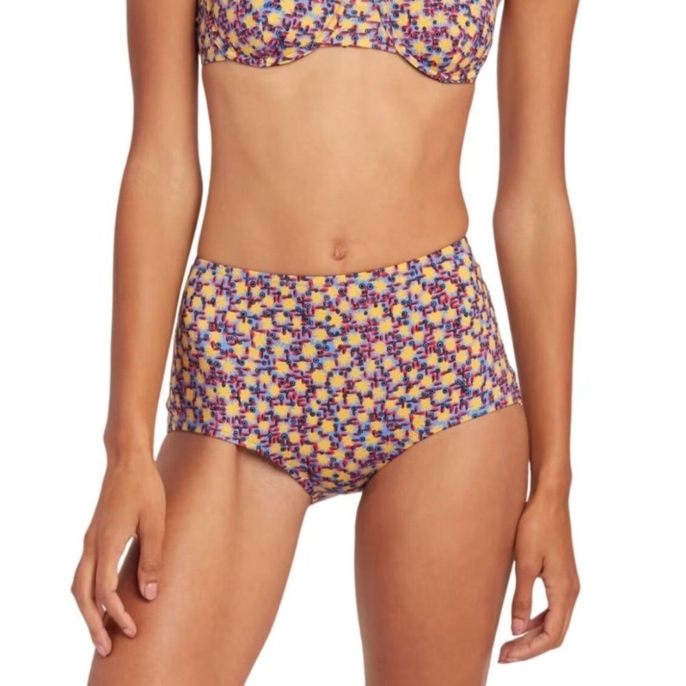SOLID & STRIPED Ginger Bikini Bottom Size Large Geo Print Yellow Floral NWT 0100